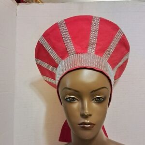 NEW Elegant  Handmade Red and Silver Women's. African Zulu Bucket Hat , Tie Back